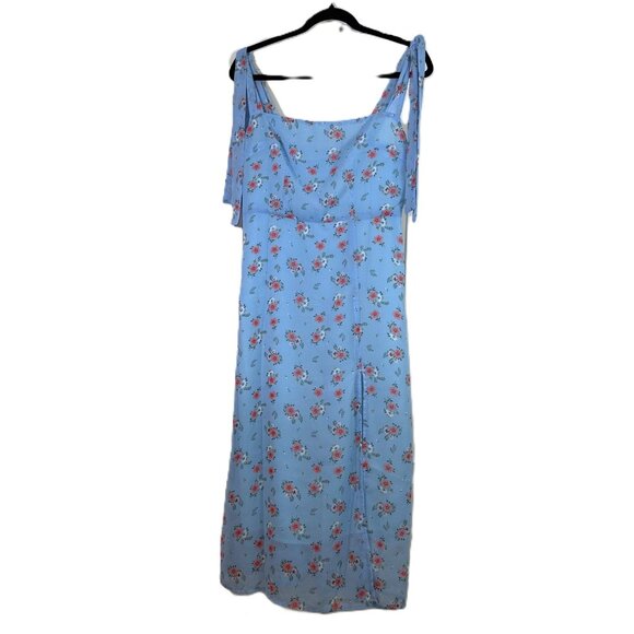 Light Blue Floral Tie Shoulder Slit Midi Dress - NEW - Picture 5 of 16